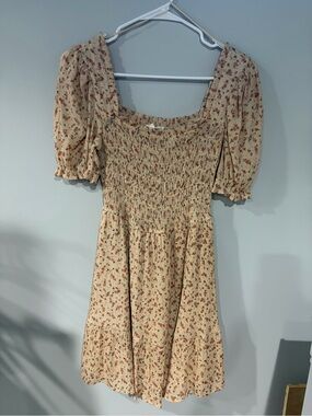 mine Cream Floral Smocked Midi Dress with Puff Sleeves